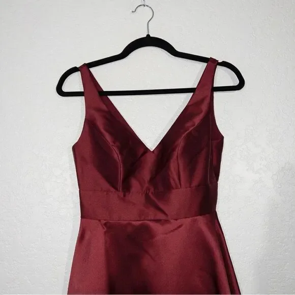 alfred sung burgundy dress ALFRED SUNG Strapless Satin Gown Formal Dress Side Slit D764 Size 4 Bu
